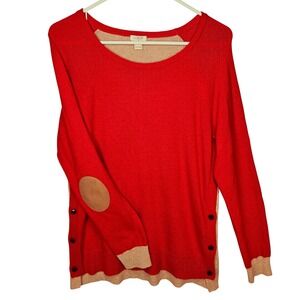 J Crew Women's Red Tan Medium Colorblock Elbow Patch‎ Sweater Valentines Holiday
